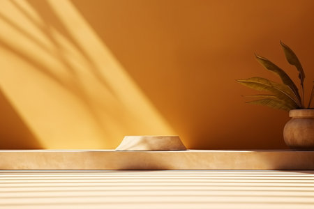 Minimal product placement background with palm shadow on plaster wall. Luxury summer architecture interior aesthetic. Creative product platform stage mockup. created generative ai.の素材