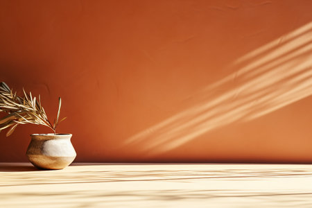 Minimal product placement background with palm shadow on plaster wall. Luxury summer architecture interior aesthetic. Creative product platform stage mockup. created generative ai.の素材