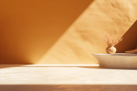 Minimal product placement background with palm shadow on plaster wall. Luxury summer architecture interior aesthetic. Creative product platform stage mockup. created generative ai.の素材