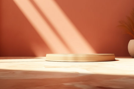 Minimal product placement background with palm shadow on plaster wall. Luxury summer architecture interior aesthetic. Creative product platform stage mockup. created generative ai.の素材