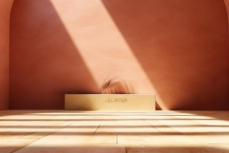 Minimal product placement background with palm shadow on plaster wall. Luxury summer architecture interior aesthetic. Creative product platform stage mockup. created generative ai.の素材