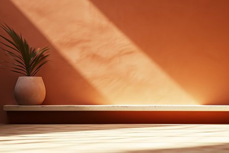 Minimal product placement background with palm shadow on plaster wall. Luxury summer architecture interior aesthetic. Creative product platform stage mockup. created generative ai.の素材