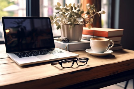 interior design, design of workplace with laptop and cup of coffee in home office with bright sunlight and window. created generative ai.の素材