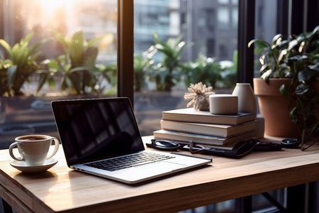 interior design, design of workplace with laptop and cup of coffee in home office with bright sunlight and window. created generative ai.の素材