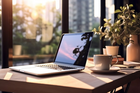 interior design, design of workplace with laptop and cup of coffee in home office with bright sunlight and window. created generative ai.の素材