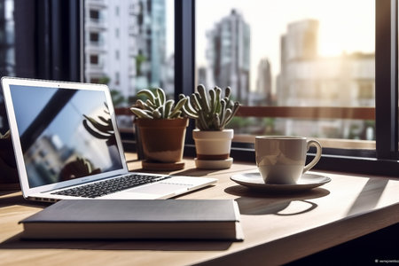interior design, design of workplace with laptop and cup of coffee in home office with bright sunlight and window. created generative ai.の素材