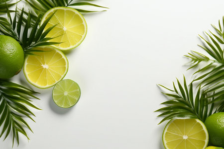 White background with palm leaves, lemon and lime slices. Modern product display for advertising and presentation of refreshing summer drinks, natural cosmetics, created generative ai.の素材