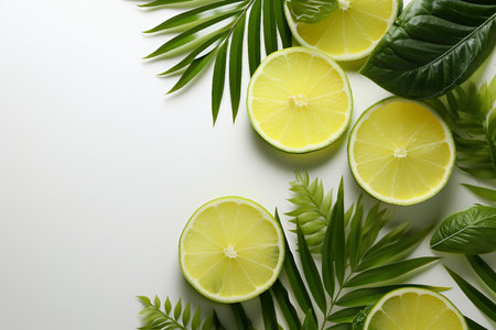 White background with palm leaves, lemon and lime slices. Modern product display for advertising and presentation of refreshing summer drinks, natural cosmetics, created generative ai.の素材