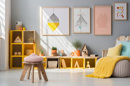 Wooden crate and yellow pouf in colorful kid's playroom interior with poster and patterned stoolの素材