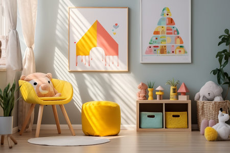 Wooden crate and yellow pouf in colorful kid's playroom interior with poster and patterned stoolの素材
