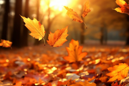 Autumn leaves on the ground in the forest. Autumn nature backgroundの素材