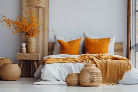 interior design, Brown and orange pillows on white bed in natural bedroom interior with wicker lamp...