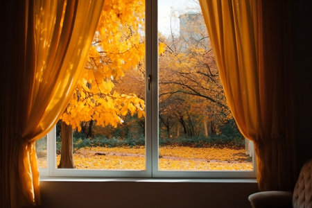Window in room view on autumn park with fall leaves on the tree. autumn conceptの素材