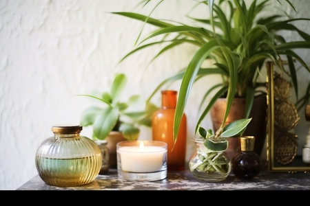 Interior design, Vintage home decor candles, aroma diffuser, plant and frames. Selective focusの素材