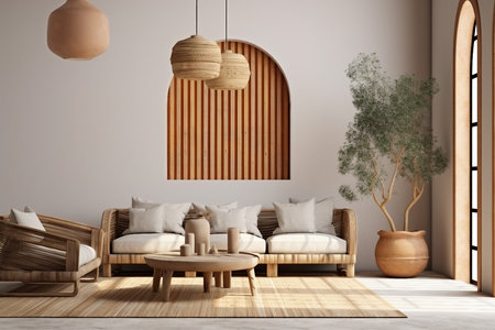 Interior design, Boho cozy living room design, bright wall mockupの素材