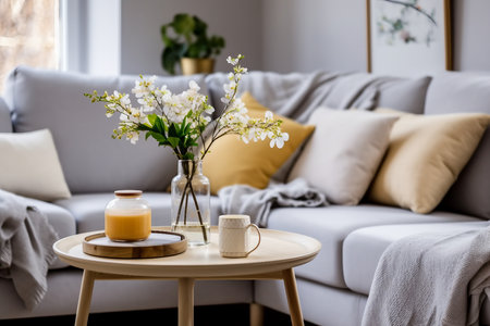 Interior design of scandinavian living room with stylish gray sofa, coffee table, spring flowers, decoration, pillows, plaid, tray and elegant personal accessories in modern home decor.の素材