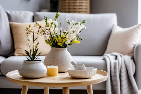 Interior design of scandinavian living room with stylish gray sofa, coffee table, spring flowers, decoration, pillows, plaid, tray and elegant personal accessories in modern home decor.の素材