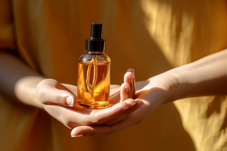 Mockup of glass bottle with dropper lid in female hands. Amber-colored container with cosmetic product, serum on brown background in rays of sunlight. Concept of beauty.の素材