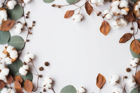 Autumn composition. Frame made of eucalyptus branches, cotton flowers, dried leaves on pastel gray background. Autumn, fall concept. Flat lay, top view, copy spaceの素材