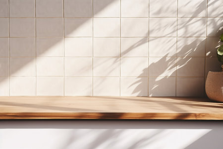 interior design, close up blank empty space on beautiful oak wood wooden kitchen counter top with morning sunlight and foliages leaves shadow on white ceramic wall tiles in background. Kitchen, Backdrop.の素材