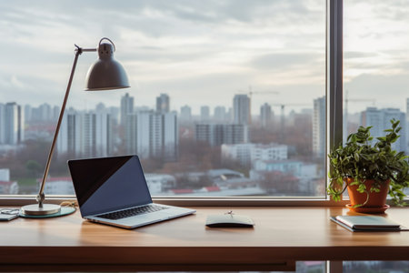 Interior design, Workplace with notebook laptop Comfortable work table in office windows and city viewの素材