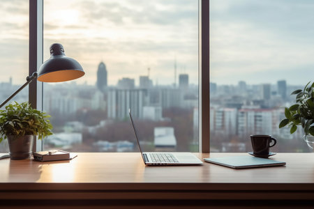 Interior design, Workplace with notebook laptop Comfortable work table in office windows and city viewの素材