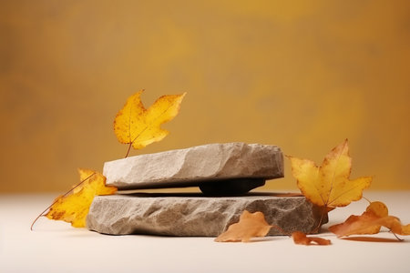 Autumn showcase made of natural stone, autumn foliage. Empty Podium presentation cosmetics. Minimalistic branding scene.の素材