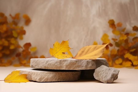 Autumn showcase made of natural stone, autumn foliage. Empty Podium presentation cosmetics. Minimalistic branding scene.の素材