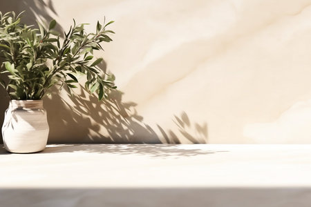 interior design, Minimal empty white marble stone counter table top, green tree in sunlight, leaf shadow on beige brown stucco cement wall for luxury organic cosmetic, skincare, beauty treatment product backgroundの素材