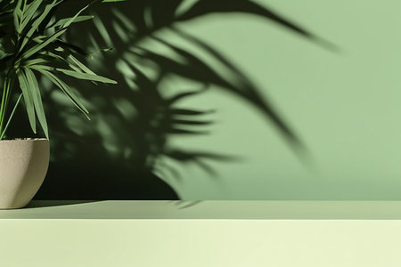 Modern minimal empty matte green counter table top, bamboo palm tree in sunlight, leaf shadow on green wall background for luxury organic cosmetic, skin care, beauty treatment product displayの素材