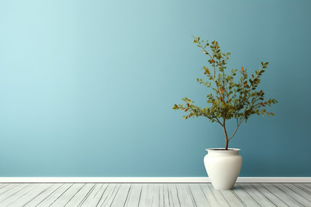 blue wall empty room with green plant in vaseの素材