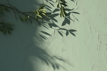 Abstract tree leaves shadows on gray green concrete wall texture with roughness and irregularities. Abstract trendy nature concept background. Copy space for text overlay, poster mockup flat layの素材