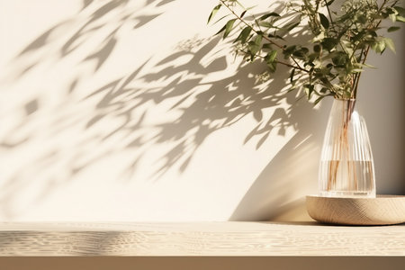empty oak wood shelve next to a decor green leaves plant in glass vase with sunlight and foliage shadow on beige wall in background. Products overlay, mock up, natureの素材