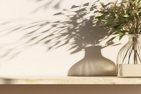 empty oak wood shelve next to a decor green leaves plant in glass vase with sunlight and foliage shadow on beige wall in background. Products overlay, mock up, natureの素材