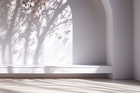 interior design, 3D stimulate of white room interior and wood plank floor with sun light cast shadow on the wall,Perspective of minimal design architectureの素材