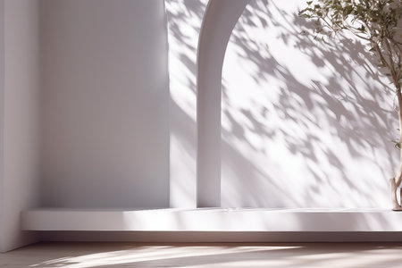 interior design, 3D stimulate of white room interior and wood plank floor with sun light cast shadow on the wall,Perspective of minimal design architectureの素材