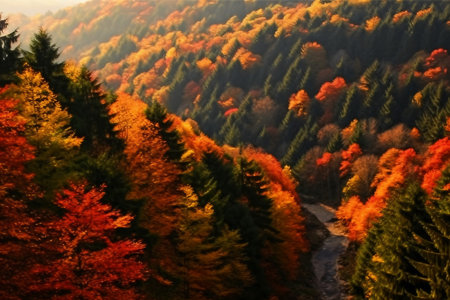 Beautiful orange and red autumn forest, many trees on the orange hillsの素材