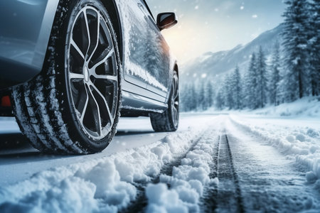 Winter tires. Car on snow road. Tires on snowy highway detail.の素材
