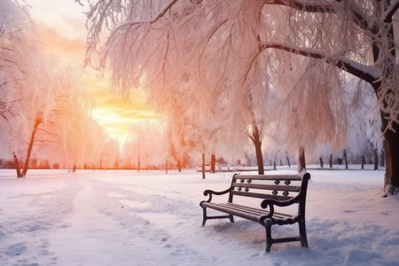 Park bench and trees covered by heavy snow. Lots of snow. Sunsetの素材