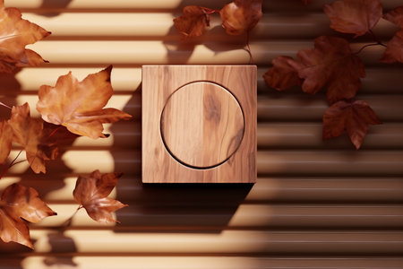 wood display flat lay podium on natural brown backdrop and dry leaf shadow. Product promotion beauty cosmetic autumn showcase. Studio wooden platform with copy space 3D render.の素材