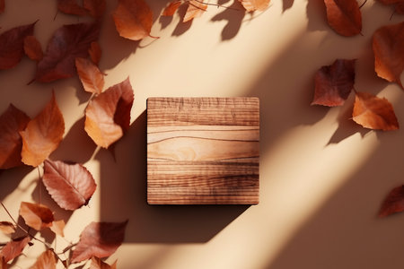 wood display flat lay podium on natural brown backdrop and dry leaf shadow. Product promotion beauty cosmetic autumn showcase. Studio wooden platform with copy space 3D render.の素材
