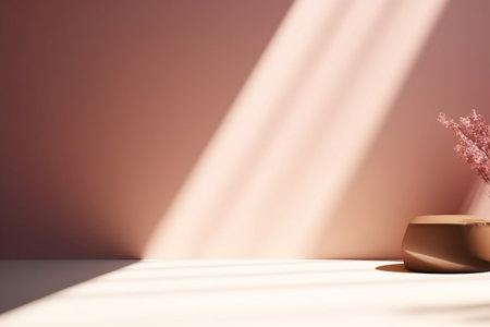 Unobtrusive background with shadow on the wall. Premium podium, stand on pastel light background. Mock up for exhibitions, presentation of products, therapy, relaxation and health.の素材