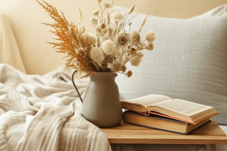 Home cozy interior of the room with books and dried flowers in a vase. The concept of home entertainment.の素材