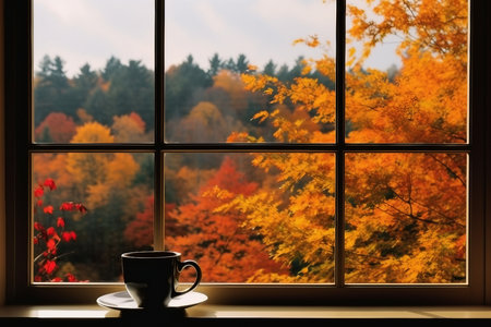 view out the window autumn season green yellow orange leaves coffee cup.の素材