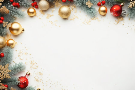Christmas frame of spruce, red & gold christmas decorations on white background. Copy space. New Year lights. Flat lay.の素材