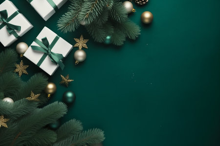 Christmas border with xmas tree and gifts on green background. Winter holiday. Happy New Year. Space for text. View from above, flat lay. Xmas. Template, mockup. Greeting card.の素材