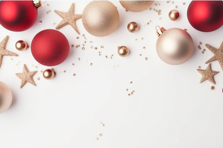 Christmas composition. Christmas balls, beige and red decorations on white background. Flat lay, top view, copy spaceの素材