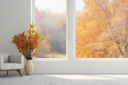 stylish empty room in white color with autumn landscape in window. Scandinavian interior design. 3D illustrationの素材