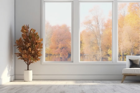 stylish empty room in white color with autumn landscape in window. Scandinavian interior design. 3D illustrationの素材