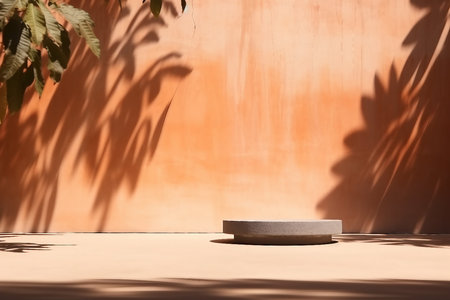 Orange Backdrop Podium Pattern for add Product,Abstract Texture Shadow Leaves Overlay with Sun Light Background,Design Autumn Summer Table Studio Room with Sun Light on Wall Interior Roomの素材